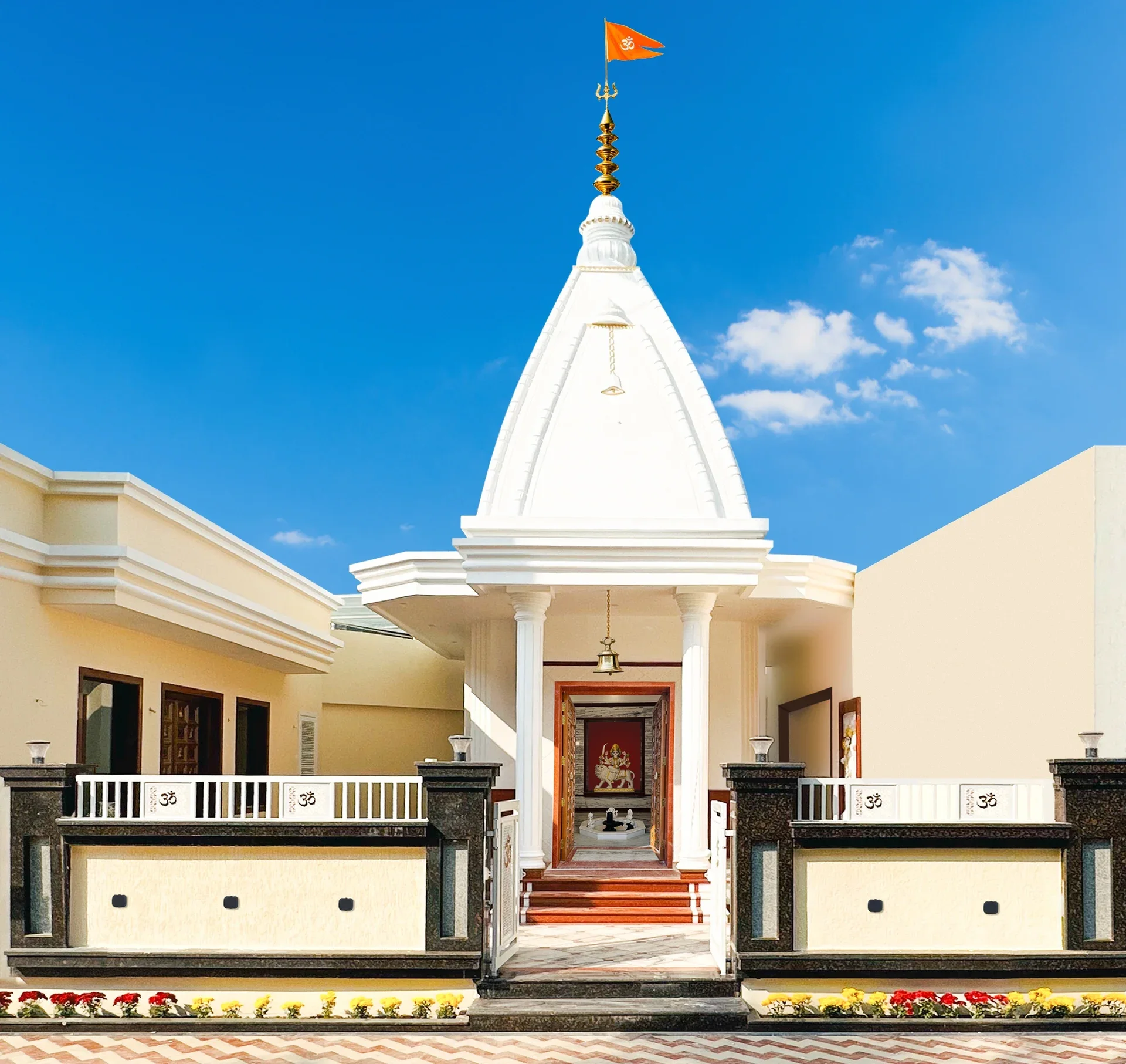 The white temple at Palam City beneath a blue sky