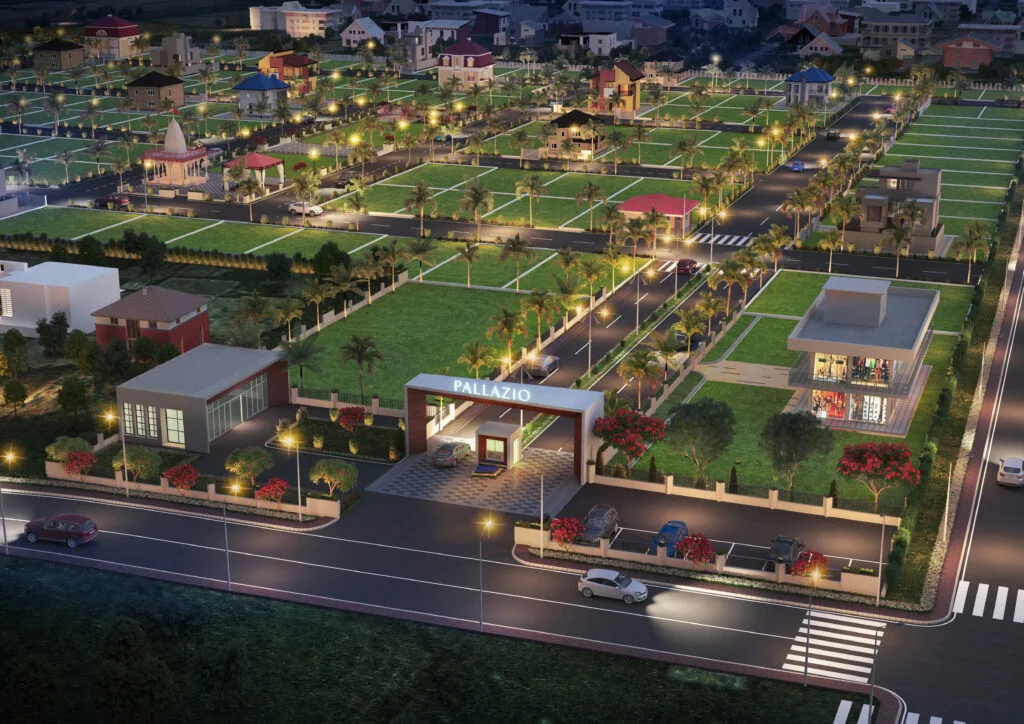 Architectural visualisation of Pallazio's central green spaces and residential plots