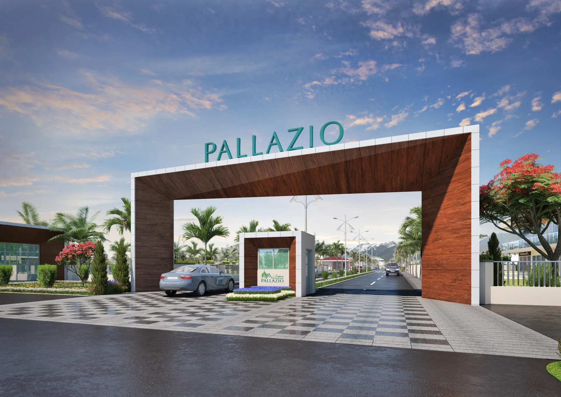 Architectural visualisation of Pallazio's landscaped entrance and tree-lined road