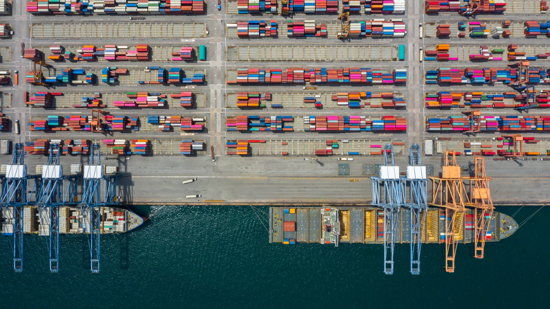 Aerial view of container ships and cargo at a port